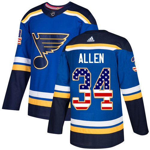Adidas Blues #34 Jake Allen Blue Home Authentic USA Flag Stitched NHL Jersey - Click Image to Close